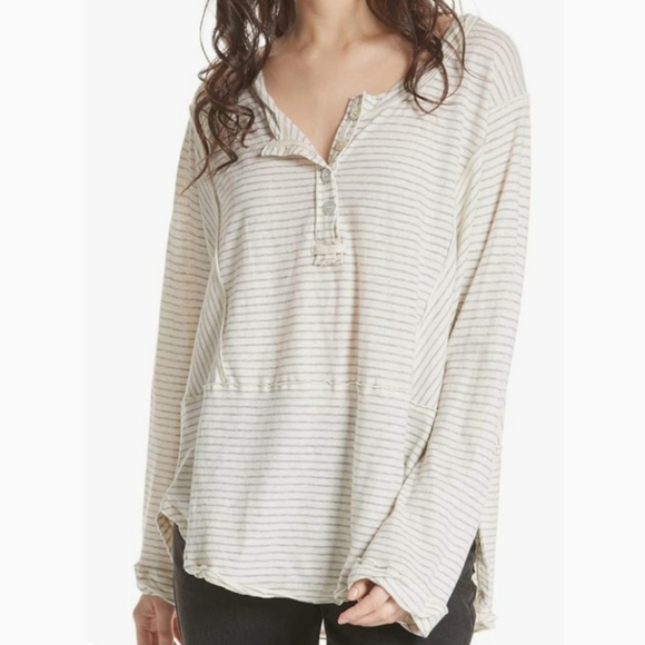 WE THE FREE Cotton Linen Blend Hong Kong Henley Tee in Natural - Picture 1 of 12